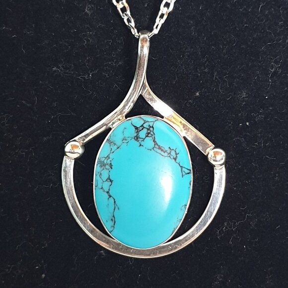 Vintage Mexican Southwestern 925 Sterling Silver Blue Howlite Statement Pendant - Picture 2 of 10